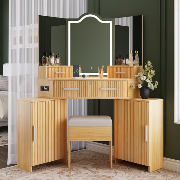 Fluted Makeup Vanity Desk with HD 3 Way Mirror and Lights, 51" Large Corner Vanity Table with Charging Station, Dressing Table with 4 Drawers & 2 Storage Cabinets for Bedroom, Natural Oak