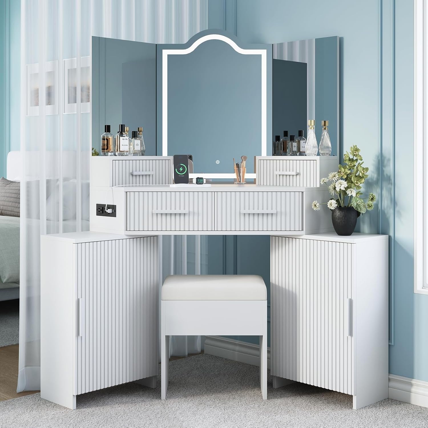 Fluted Makeup Vanity Desk with HD 3 Way Mirror and Lights, 51" Large Corner Vanity Table with Charging Station, Dressing Table with 4 Drawers & 2 Storage Cabinets for Bedroom, White