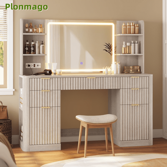 Plonmago Fluted Makeup Vanity Desk with Large 30.3" Mirror and Lights,51.2" Vanity with Power Strip, 5 Drawer ,6 Open Shelves, 2 Cabinet,Modern Dressing Table with Solid Wood Legs,Grey Oak