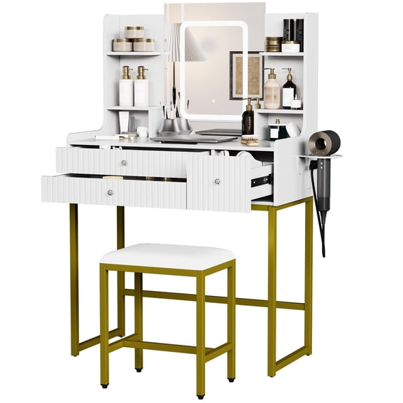 Fluted Makeup Vanity Desk Mirror Lights 3-Drawer Storage Shelves Compact