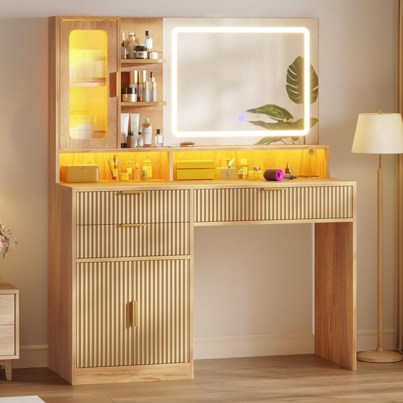 Fluted Makeup Vanity Desk with Touch Screen Mirror and Lights, Wood Vanity Table with Charging Station & LED Lights, with 3 Drawers & Cabinet & Shelves, Oak