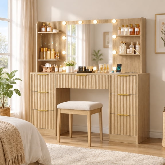 Fluted Makeup Vanity Desk with LED Mirror & Power Outlet, Natural Oak, Bedroom Dressing Table