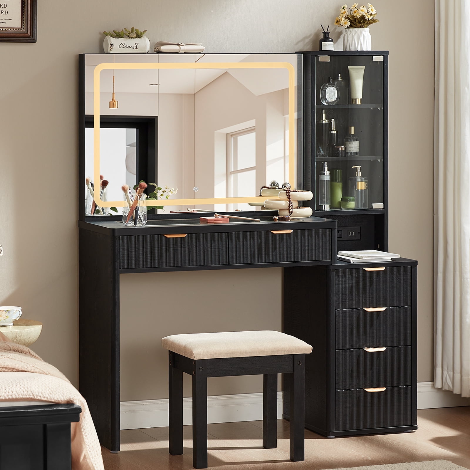 Fluted Makeup Vanity Set with 3 Color Lighted Mirror & Charging Station, Dressing Table w/ 6 Drawers for Femal Gift, Black
