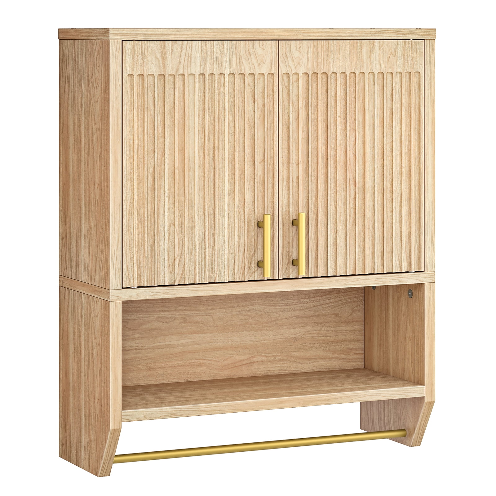 Fluted Medicine Cabinet, Farmhouse Bathroom Wall Cabinet with Towel Rack and Adjustable Shelf, Fluted Wall-Mounted Storage Organizer, for Bathroom, Kitchen, Natural,NL235CW01