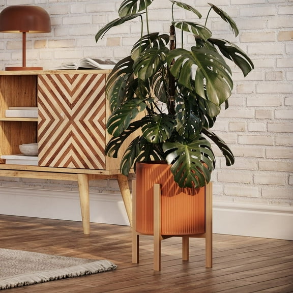 Fluted Metal Planter Pot With 4-Leg Wood Base - Terracotta Color - 18.25"H x 14"W