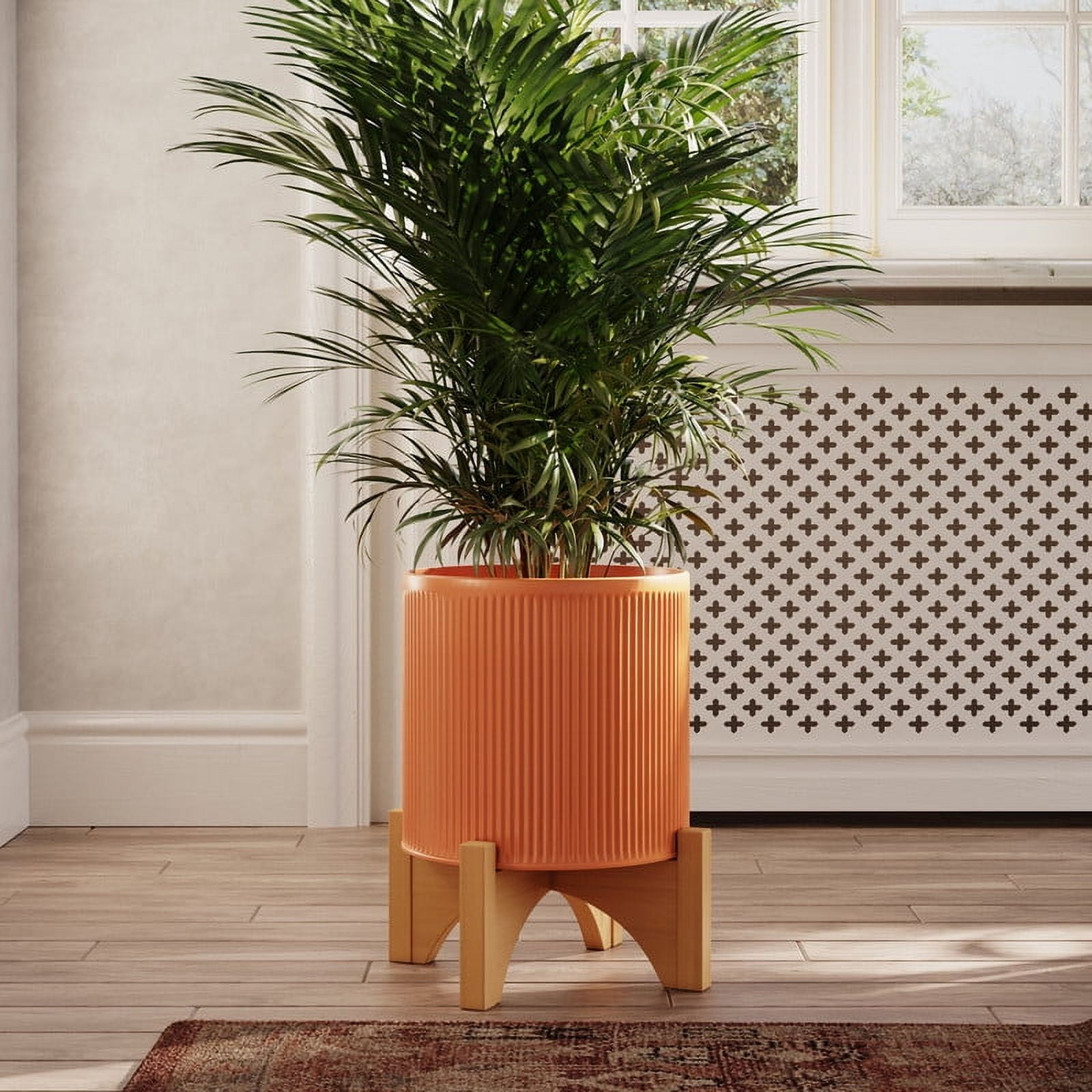 Fluted Metal Planter Pot With Arch Wood Base - Terracotta Color - 12.5"H x 9.75"W