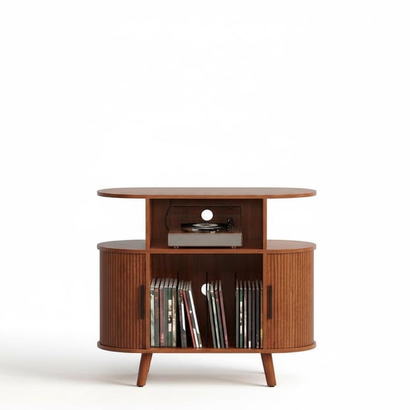 Fluted Mid-Century Modern Record Player Stand – Large Turntable Table with Charging Station for Living Room or Music Room