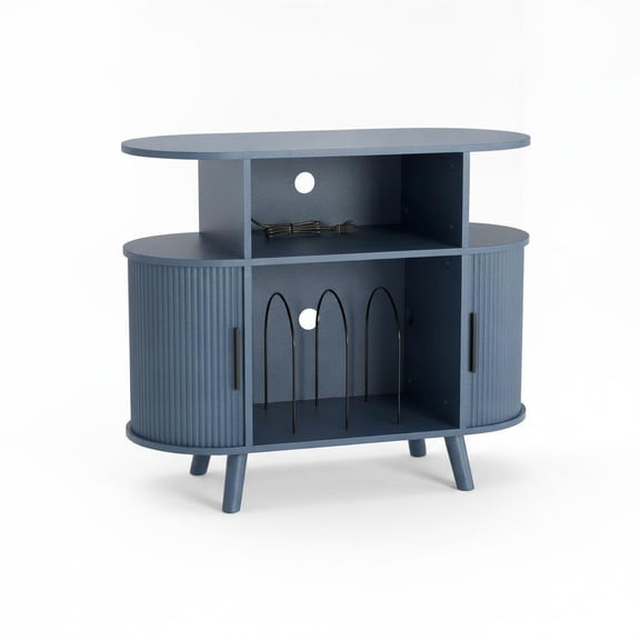 Fluted Mid-Century Modern Record Player Stand – Large Turntable Table with Charging Station for Living Room or Music Room