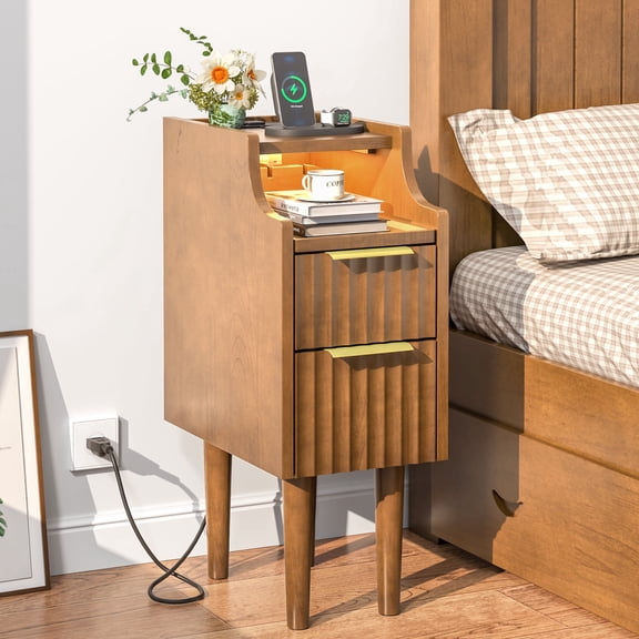 Fluted Narrow Nightstand with Charging Station, Solid Wood Night Stand with 2 Drawers, Walnut Mid Century Modern Led Nightstand, Small Beside Table with Open Storage Shelf for Bedroom (10 inch)