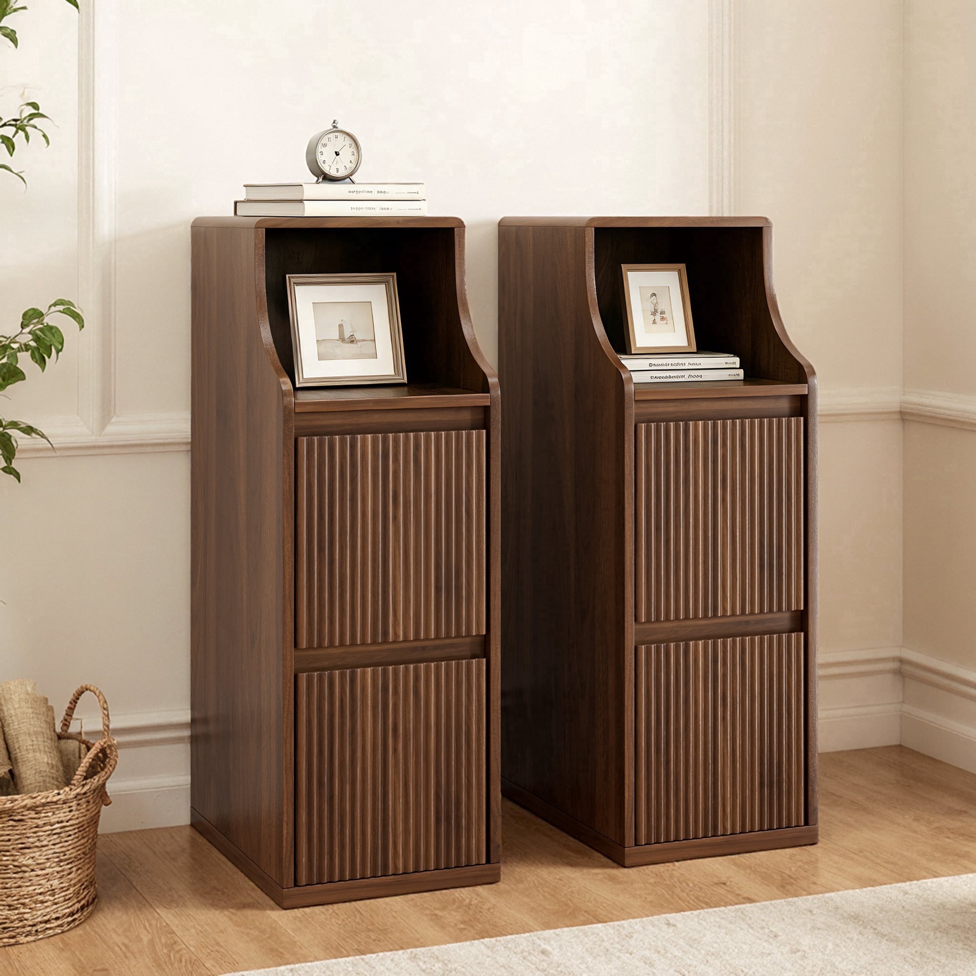 Fluted Narrow Nightstand Set of 2, Small 2 Drawer Nightstand, Skinny End Table, Mid Century Modern Night Stand for Living Room, Bedroom, Walnut