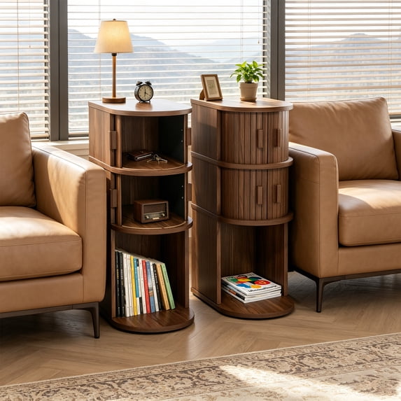 Fluted Narrow Nightstands with Sliding Tambour Doors, 3-Tier Slim Bedside Table with Open Shelf for Small Space, Walnut