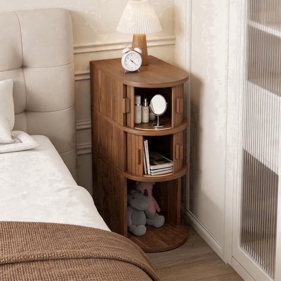 Fluted Narrow Nightstands with Sliding Tambour Doors, 3-Tier Slim Bedside Table with Open Shelf for Small Space, Walnut