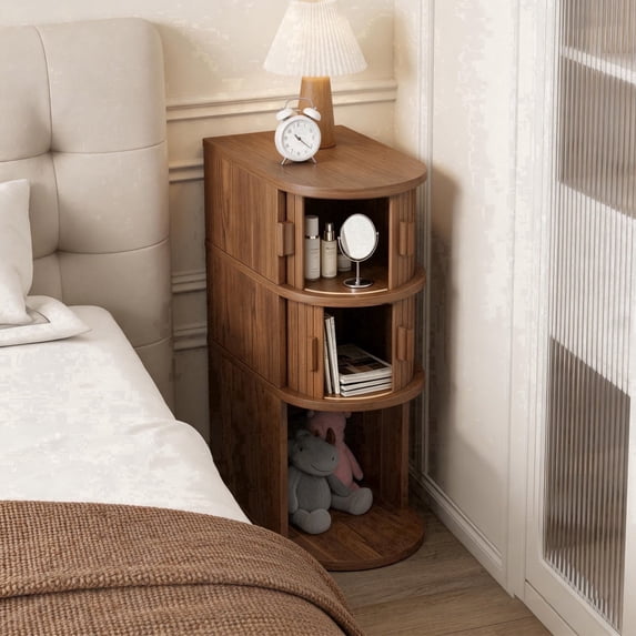 Fluted Narrow Nightstands with Sliding Tambour Doors, 3-Tier Slim Bedside Table with Open Shelf for Small Space, Walnut