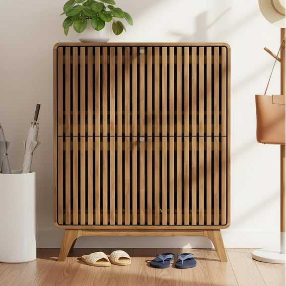 Fluted Narrow Shoe Cabinet for Entryway, Slim Wood Shoe Storage Cabinet with Flip Drawers, Bamboo Thin Shoe Rack Organizer for Entry Way, Hallway, Hidden, Walnut