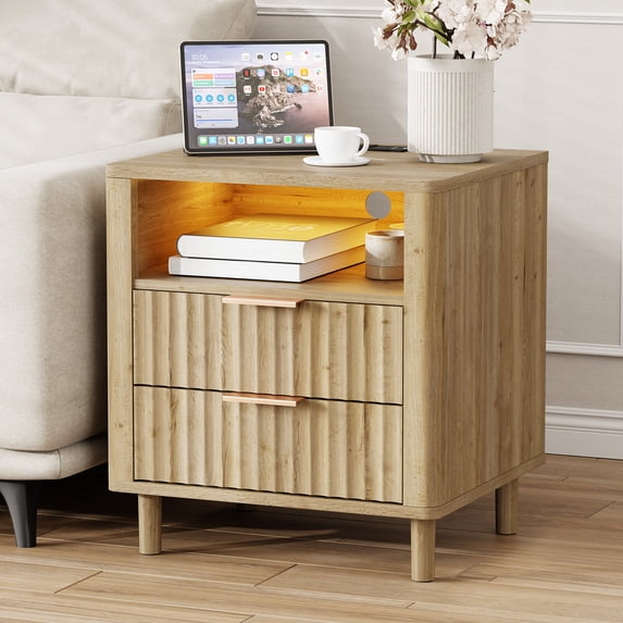KAMOMA Fluted Night Stand with Charging Station, 18" Wide Bedside Table with 2 Drawers, Modern Wood Nightstand with Open Shelf, Side Table for Bedroom Living Room Office, Oak