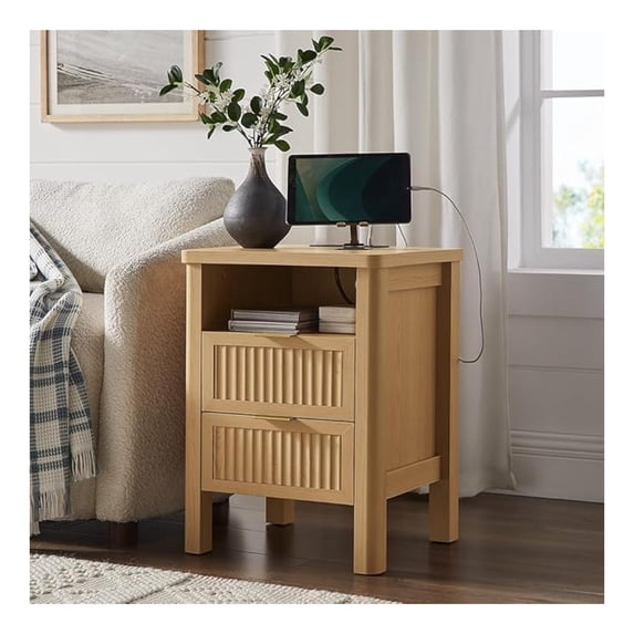 Fluted Night Stand with Charging Station, 23" Modern 2 Drawers End Table, Nightstand Set of 2 with Curved Profile Design, Bed Side Table for Bedroom, Living Room, Natural Oak (1-Pack)