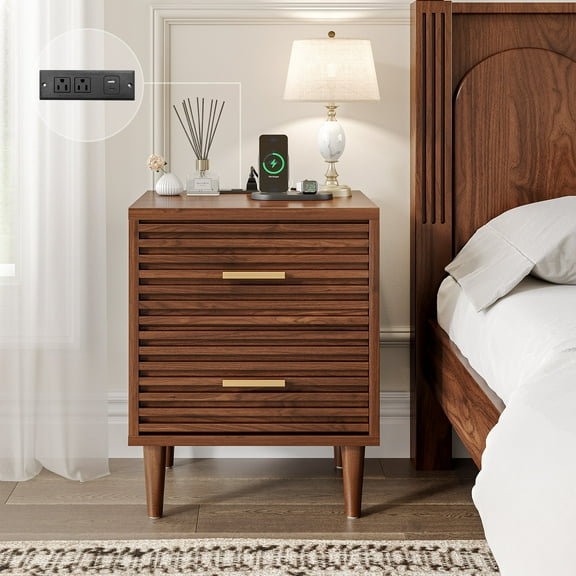 Fluted Night Stand With Charging Station, Brown Nightstand Mid Century Modern Night Stands For Bedroom Bedside Table, Fluted Nightstand With 2 Drawers, 19" Modern Side Table With Outlets And Usb C