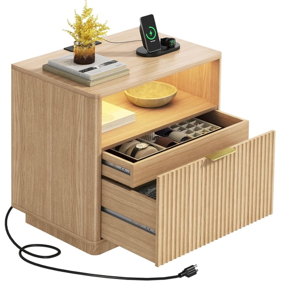 Fluted Night Stand with LED Lights, 22.4" W with Hidden Drawer, Bedside Table with Charging Station, 2 Drawers, Wood End Table Mid Century Night Stands for Bedroom, Natural Oak