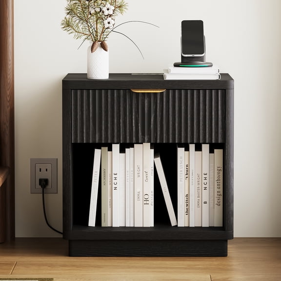 Fluted Night Stand, Modern and Small Bedside Table with Charging Station, Curved Design Wooden End Table with Drawer and Open Compartments, for Living Room, Bedroom