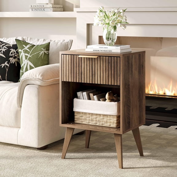 Fluted Night Stand with Opening Storage,Mid Century Bedside Table with Drawer,Wood Nightstand with Solid Wood Legs,End Table Side Table for Living Room,Bedroom
