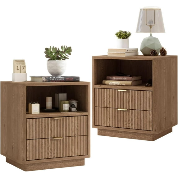 Fluted Night Stand Set of 2, Large Nightstand with Drawers and Storage Shelf - Wooden Bedside Table End Table for Bedroom Sofa, Natural Oak (2 Pieces)