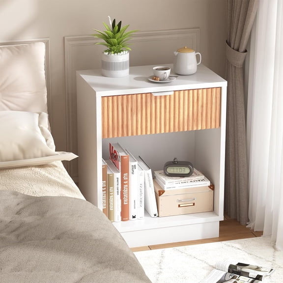 Fluted Night Stand Set 2, Large Wood Bedside Table Set of 2 Nightstands Set of 2 with Drawer and Storage Shelf for Bedroom, Small Spaces