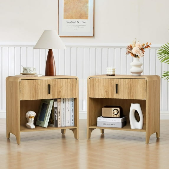 Fluted Night Stand Set of 2, Modern Nightstand Curved Profile, Drawer and Open Shelf - Bedside Table Wood Side Table Set for Bedroom (Natural-2 nightstands)