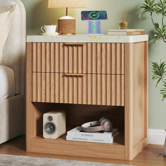 Fluted Nightstand with 2 Drawers, 24'' Night Stand with Wireless Charging Station, Mid Century Modern Side Table with Faux Marble Top, Large Wooden Bedside End Table for Bedroom, Oak