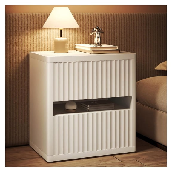 Fluted Nightstand with 2 Drawers, Large Wide Wood Night Stand Bedside Tables for Bedroom, -Century Modern Storage Bed Side Table, End Tables for Living Room Sofa Couch, White, Set of 1