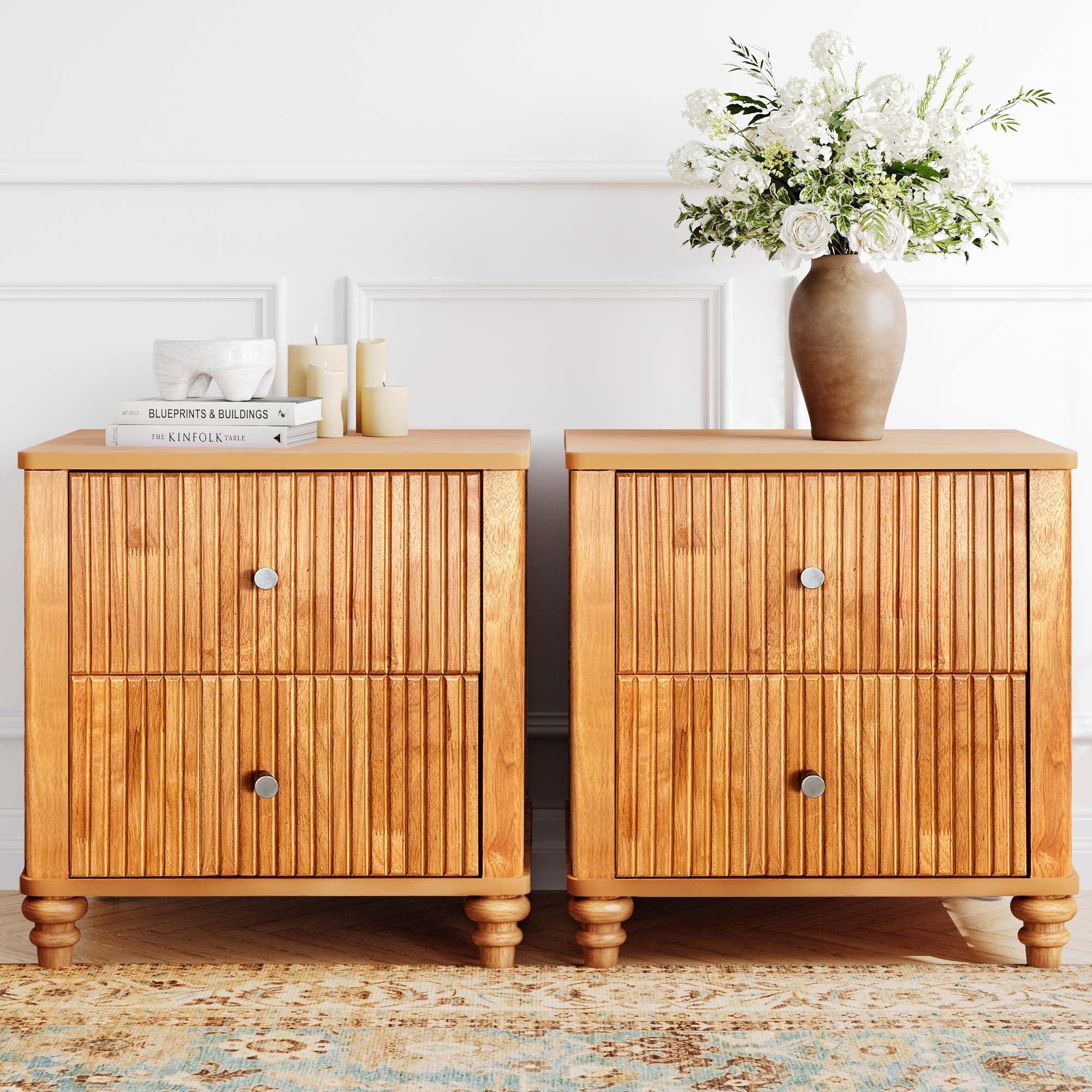 Fluted Nightstand 2-Piece Set, 21.65" Wide Side Table with 3 Drawers, Mid Century Modern Wood NightStand with Metal Handle, Wooden Bedside End Table for Bedroom, Living Room, Closet, Natural