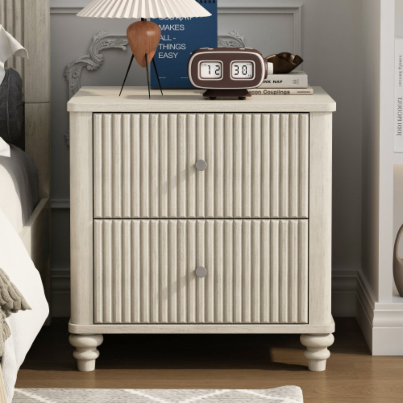 Fluted Nightstand, 21.65" Wide Mid Century Modern Bedside Table with 3 Drawers, Wood Storage End Table with Metal Handles for Bedroom Living Room, Beige