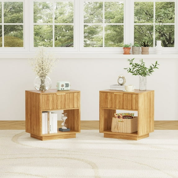 Fluted Nightstand, 21.7" Wide End Table With Drawers,Night Stand with Open Storage Cabinet, Farmhouse Bed Side Tables, Wood Dresser for Bedroom, Living Room