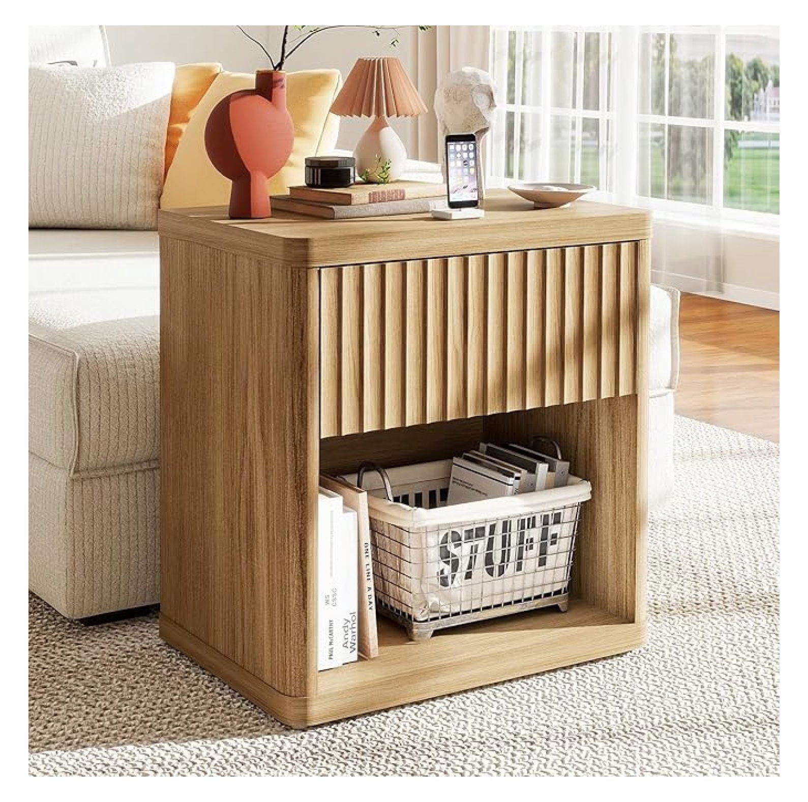 Fluted Nightstand, 22.8" Wide Night Stand with Drawer and Storage — free download