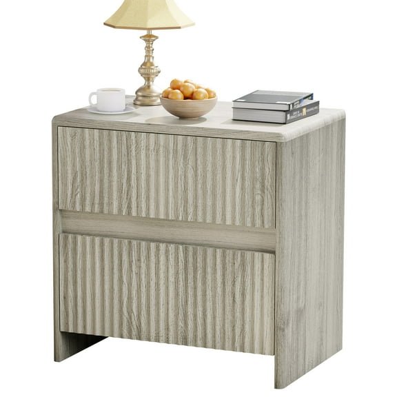 Fluted Nightstand, 23" Wide Modern Bedside Table with 2 Drawers, Wood End Table for Bedroom or Office, Gray Finish