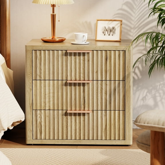 Fluted Nightstand with 3 Drawers, 24" Wide Side Table with 3 Large Storage Drawers, Wood Night Stand for Bedroom, Vintage Bedside Table Small Dresser Chest of Drawers for Living Room, Walnut