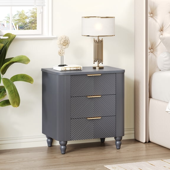 Fluted Nightstand with 3 Drawers, Curved Profile Design Wood Bedside Table, Modern End Table with Gold Glossy Handles, for Bedroom, Office, Closet, Dark Gray