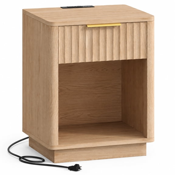 Fluted Nightstand Bedside Table with Charging Station Oak | Wooden Side Table with LED Light, Modern Mid Century End Table with Drawer, 15" D x 15.7" W x 22.6" H, for Bedroom