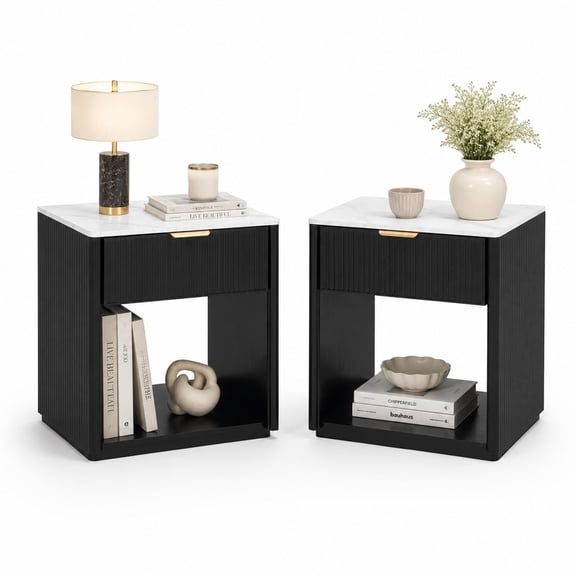 Fluted Nightstand, Black Nightstands Set of 2, End Table with Drawer & Open Shelf, Modern Bedside Table for Bedroom Sofa Home Office, Curved Corners