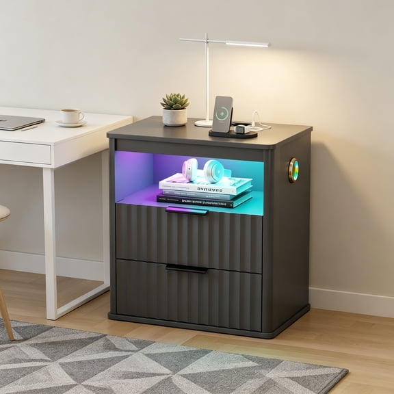 Fluted Nightstand with Bluetooth Speakers, 19.7 W LED Smart Night Stand with Charging Station, 2 Drawers and Human Sensor RGB Lights, Modern Bedside Table & End Table for Bedroom, Grey