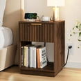 thumbnail image 1 of Fluted Nightstand with Charging Station, 18" Side Table End Table with Drawer & Open Shelf, Mid Century Modern Night Stand Bedside Table for Bedroom Living Room Sofa Home Office, Walnut, 1 of 15