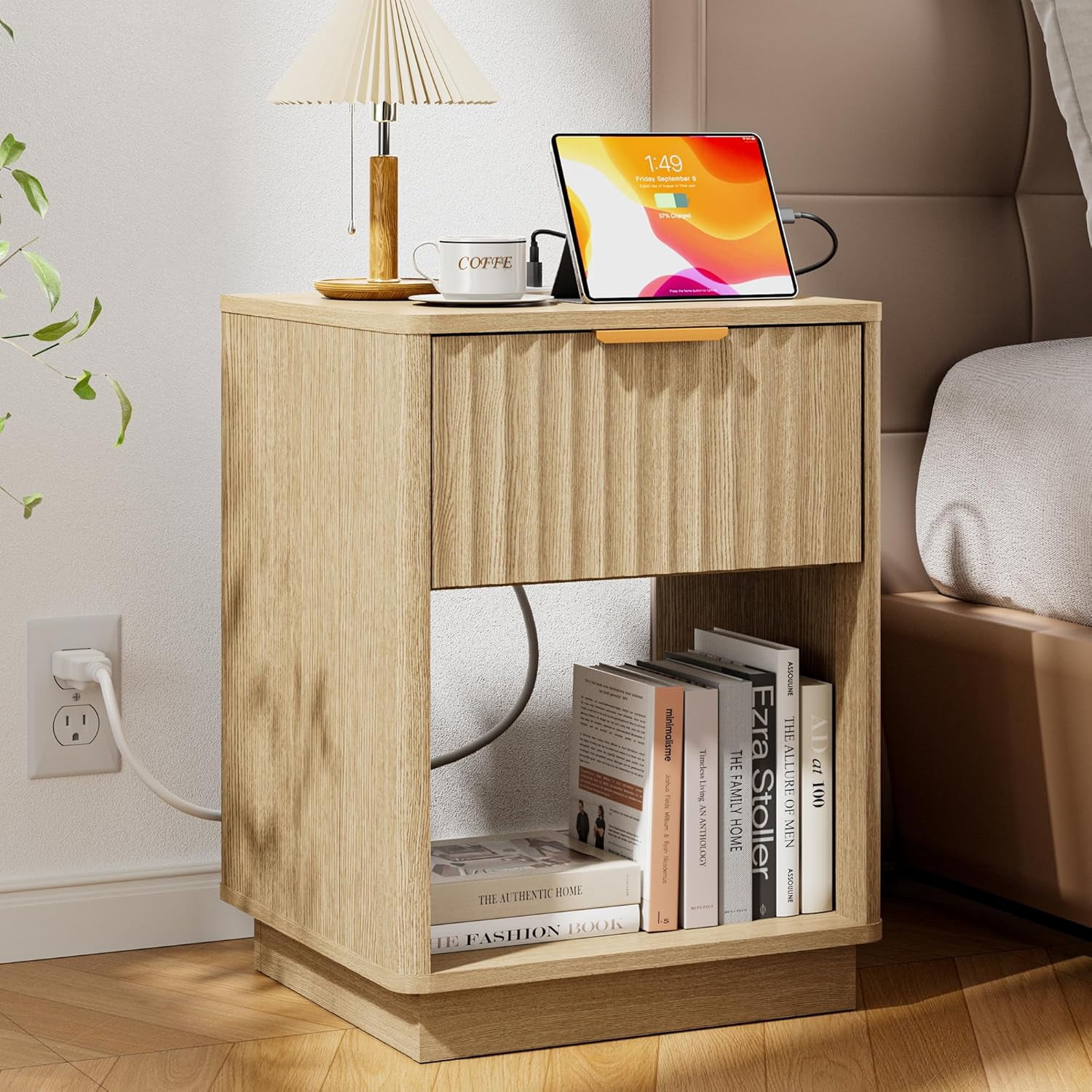 Fluted Nightstand with Charging Station, 18" Side Table End Table with ...