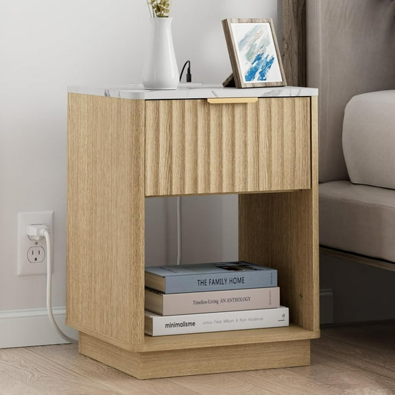 Fluted Nightstand with Charging Station, 18" Side Table with Faux Stone Color Top, Mid Century Modern Night Stand Bedside Table with Drawer & Open Shelf for Bedroom Living Room, White Oak