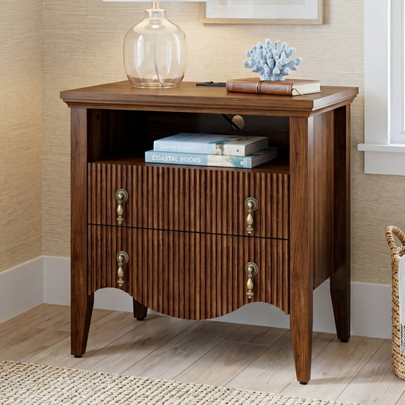 FUSUNBAO Fluted Nightstand with Charging Station & 2 Drawers,Walnut | Vintage Bedside Table, 2 Fluted Drawers and Open Shelf, Rustic End Table, Power Outlet and USB Ports,End Table.bedroom