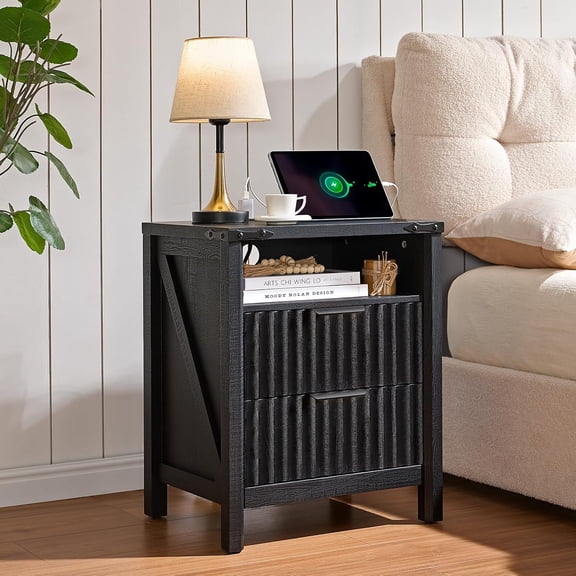 Fluted Nightstand with Charging Station - 20-inch Farmhouse End Side Table - Modern Night Stand - Elegant Wood Bedside Table with 2 Drawers and Stoarge for Bedroom(Black)