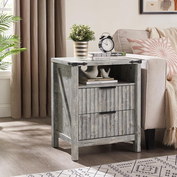 Fluted Nightstand with Charging Station - 20-inch Farmhouse End Side Table - Modern Night Stand - Elegant Wood Bedside Table with 2 Drawers and Stoarge for Bedroom(Grey)