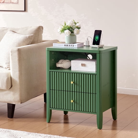 Fluted Nightstand with Charging Station – 21" Wide Modern Bedside Table with 2 Drawers, Open Shelf & USB/Type‑C Ports for Bedroom and Living Areas, Green