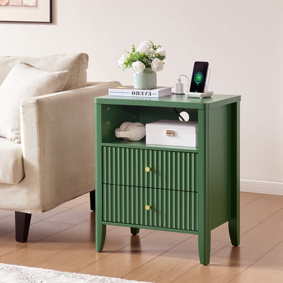 Fluted Nightstand with Charging Station, 21"Wide Modern Bedside Table with 2 Drawers & Open Shelf, Wood End Table with Storage & Metal Handle for Bedroom, Living Room,Green