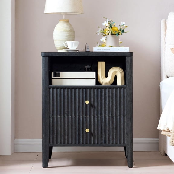 Fluted Nightstand with Charging Station, 21" Wide Modern Bedside Table with 2 Drawers & Open Shelf, Wood End Table with Storage & Metal Handle for Bedroom, Small Spaces, Black
