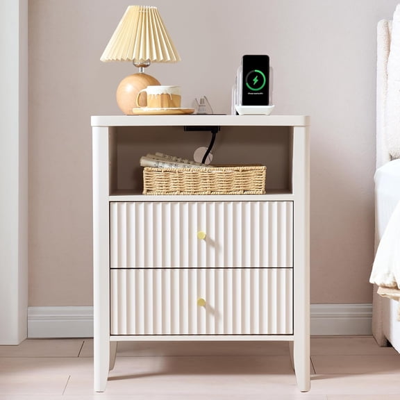 Fluted Nightstand with Charging Station, 21" Wide Modern Bedside Table with 2 Drawers & Open Shelf, Wood End Table with Storage & Metal Handle for Bedroom, Small Spaces, Creamy White