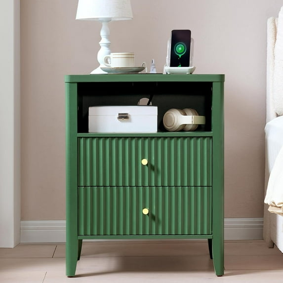 Fluted Nightstand with Charging Station, 21" Wide Modern Bedside Table with 2 Drawers & Open Shelf, Wood End Table with Storage & Metal Handle for Bedroom, Small Spaces, Green